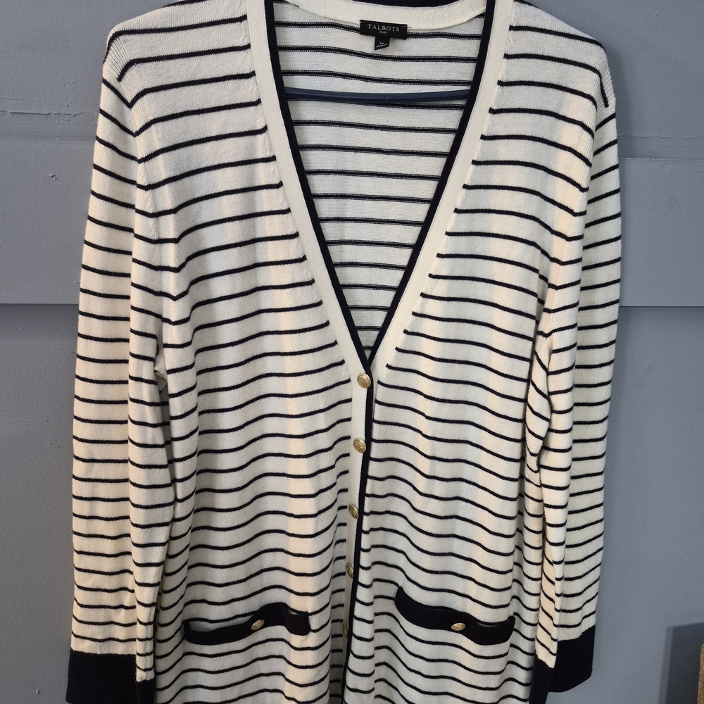 Talbots Women's Navy and White Striped Cardigan